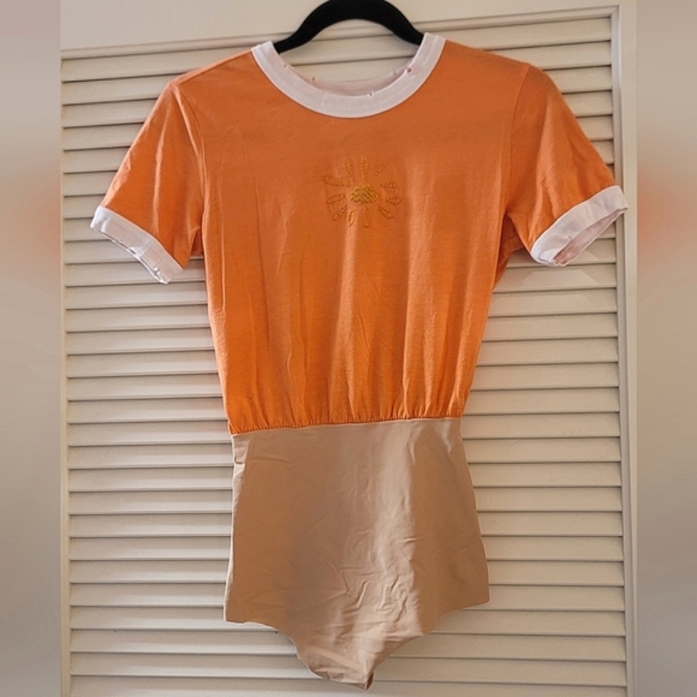 Topshop- White/Orange/Tan Embroidered Flower Bodysuit With Cut Trim Detail